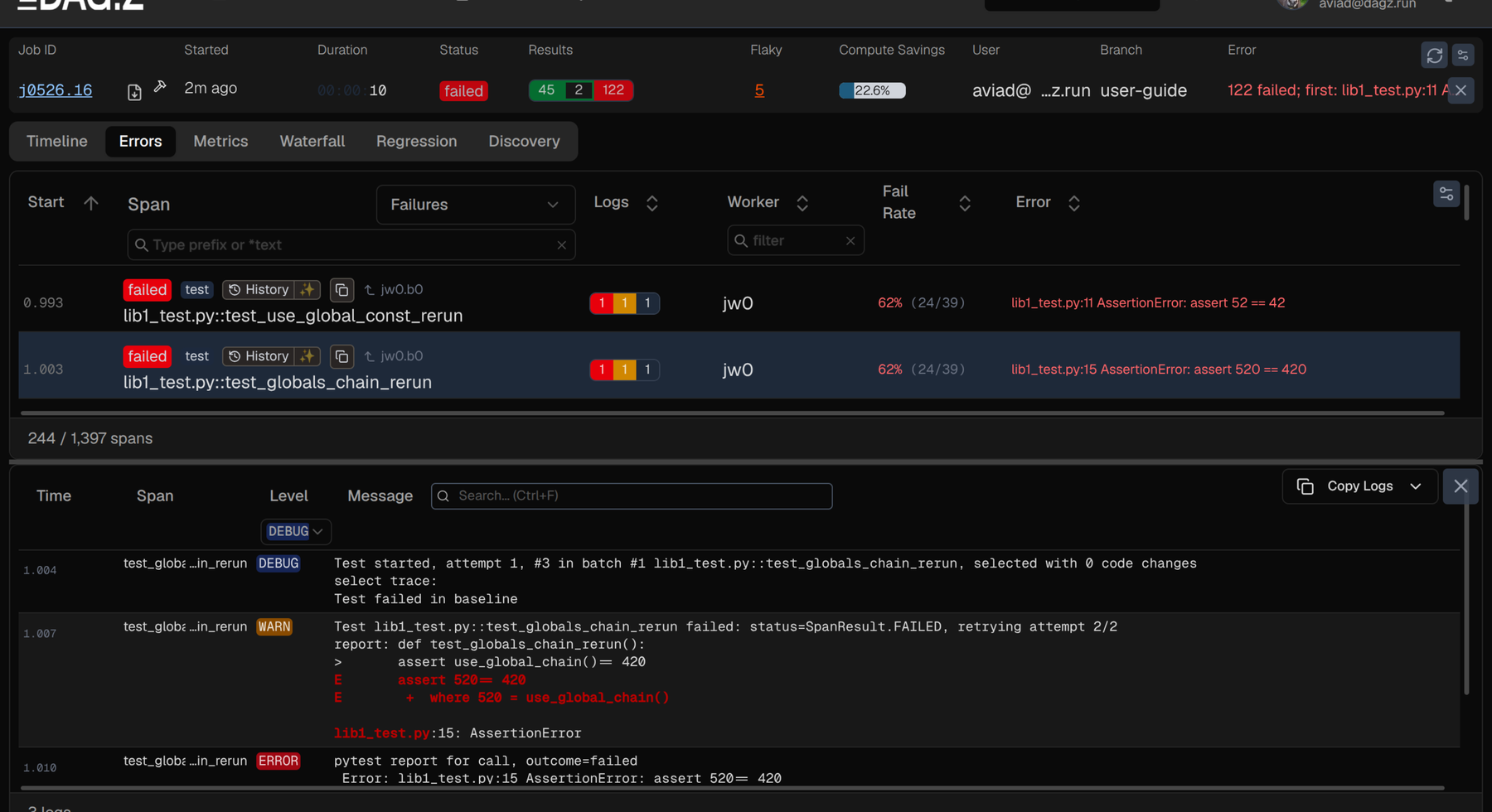 Job errors view, with log panel